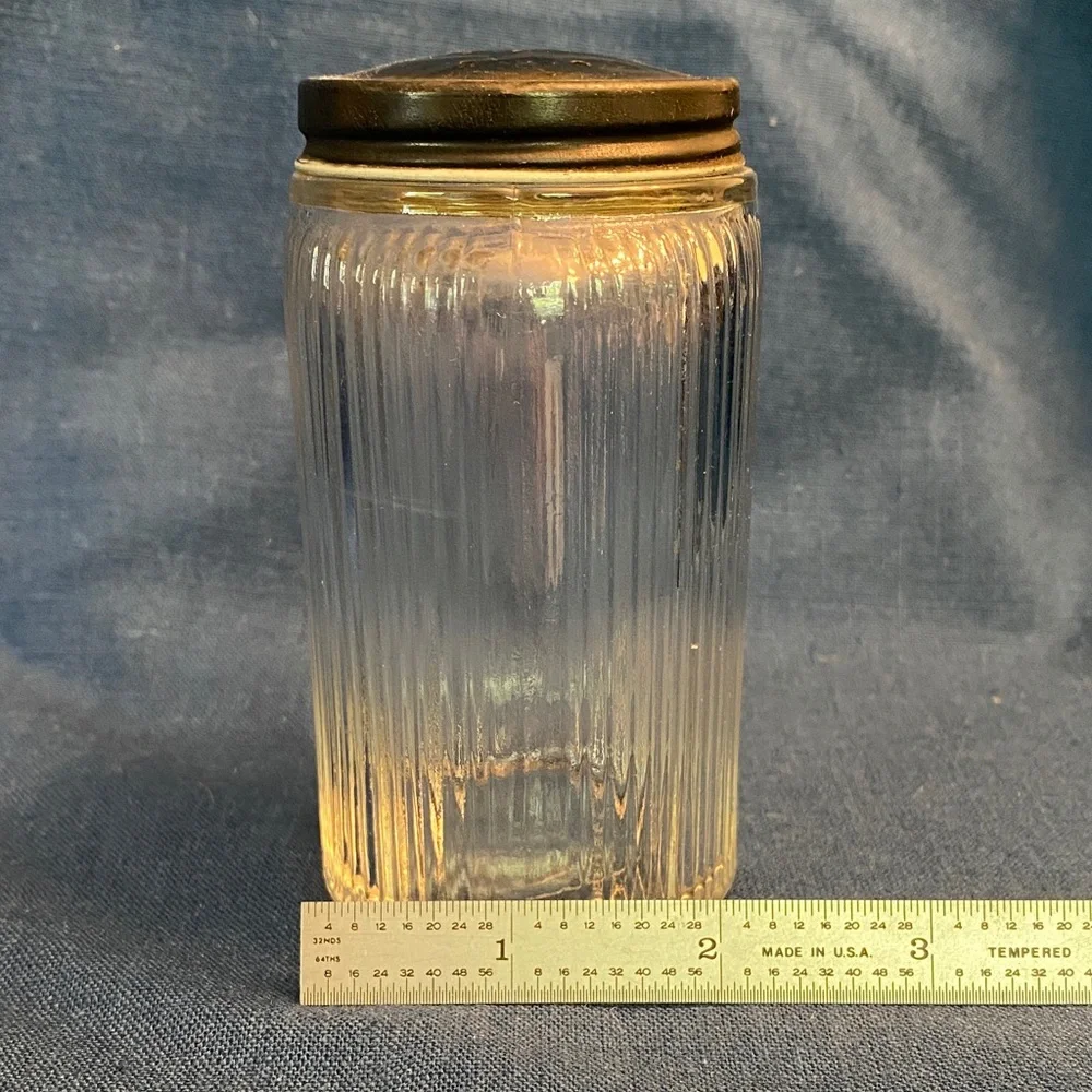 Vintage 1930’s Hoosier Pepper Shaker - Ribbed Clear Glass with Black Metal Lid